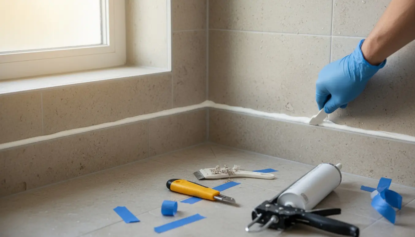 Nærbillede af en hånd, der glatter en hvid fuge i et flisebrusehjørne med fugeværktøj og fjernet gammel fuge synlig.