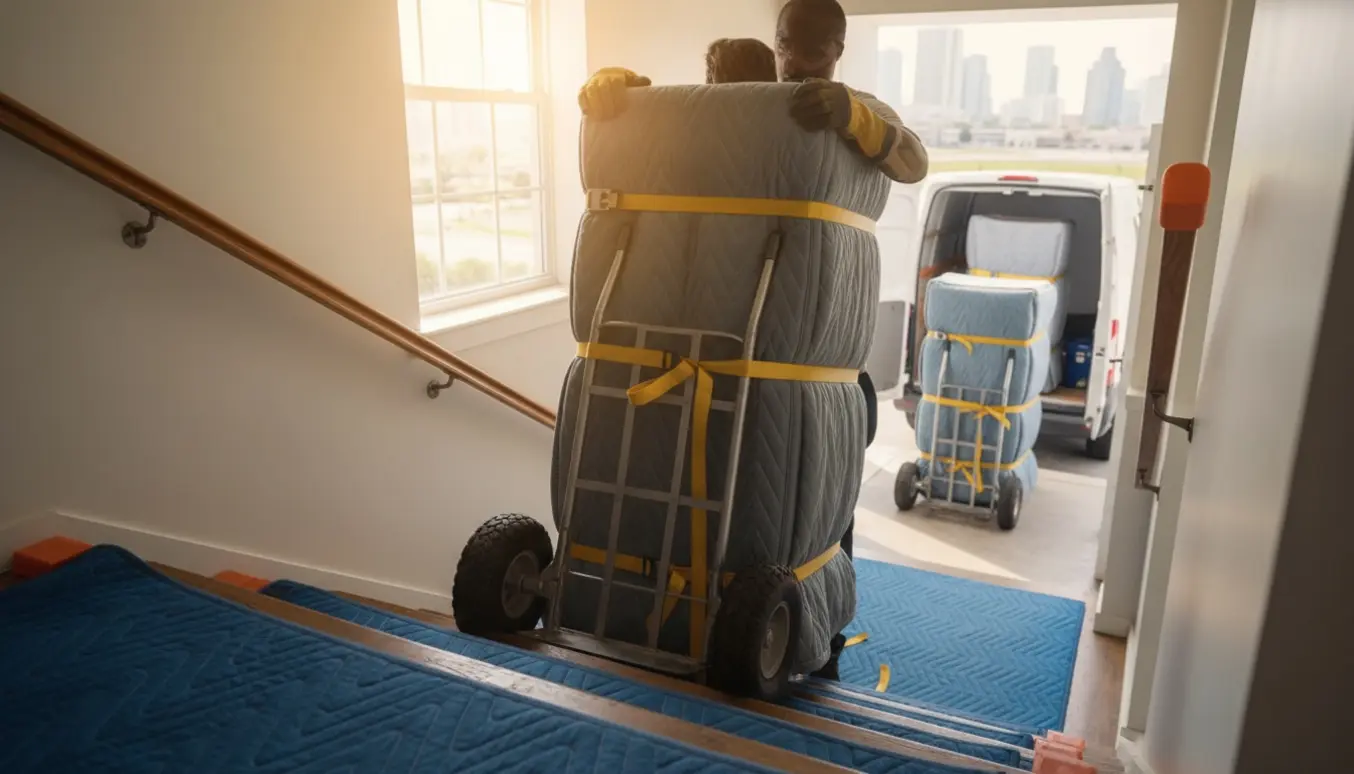 To flyttemænd bærer en høj fryser ned ad en opgangstrappe mod en varevogn på fortovet.