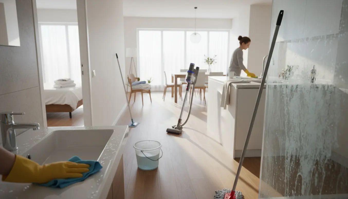 Lyst hjem under grundig rengøring med handsker, moppe, skinnende badeværelse og rengøringsudstyr.