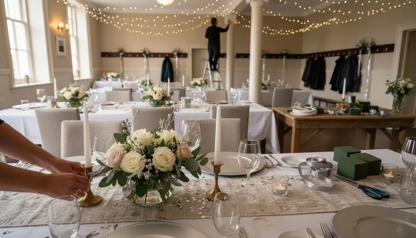 Elegant festlokale pyntet til sølvbryllup med borddekorationer, stepladder og en person set bagfra, der hænger lyskæder.