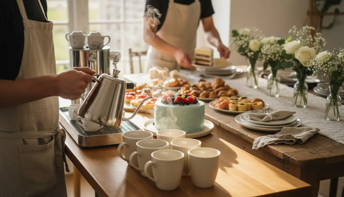 Hjælper i hjemmekøkken serverer kaffe og anretter kage ved et langt dækket bord til fødselsdag.