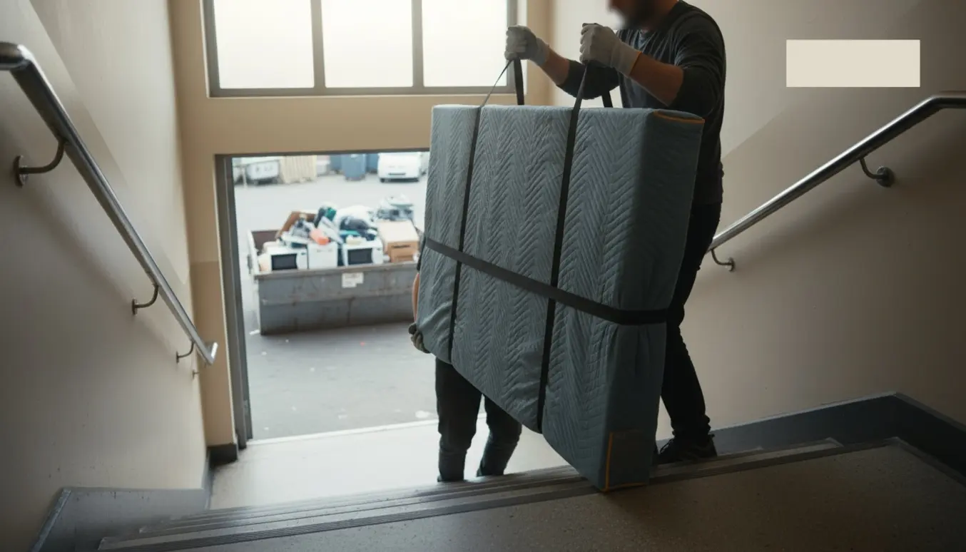 To personer bærer et stort fladskærms-tv pakket i flyttetæppe ned ad en trappe mod en genbrugsplads.