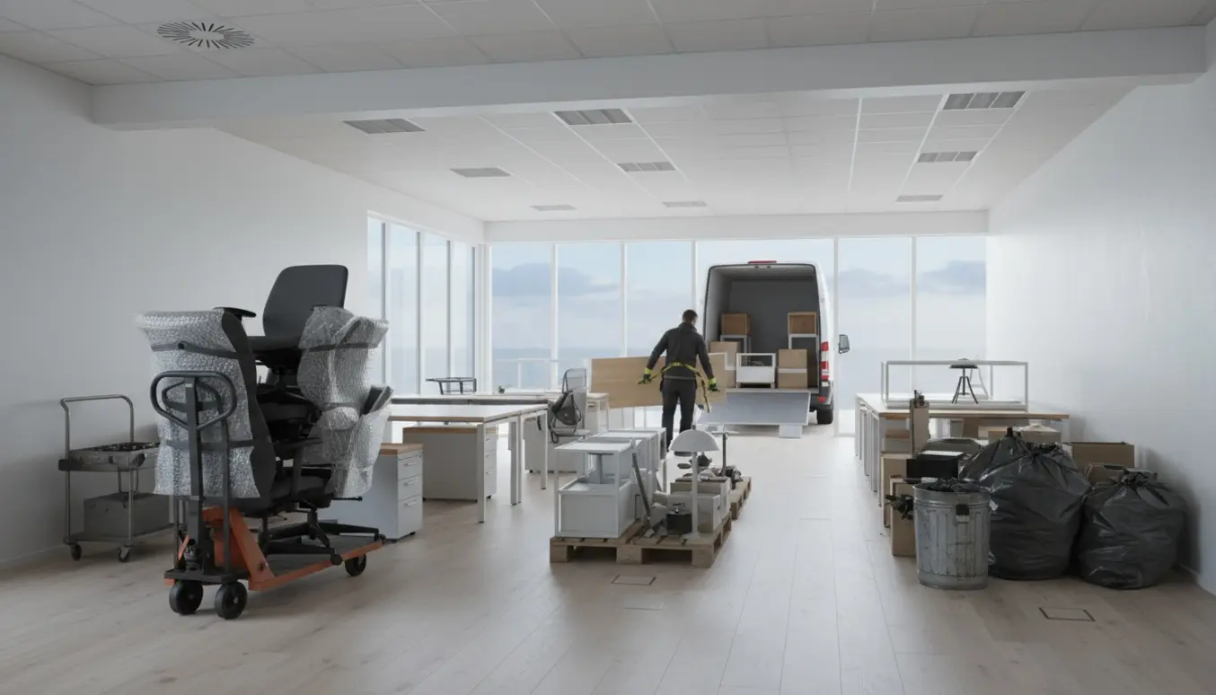 Et åbent kontor i Skagen med stablet møblement og kasser klar til afhentning til genbrug eller losseplads.