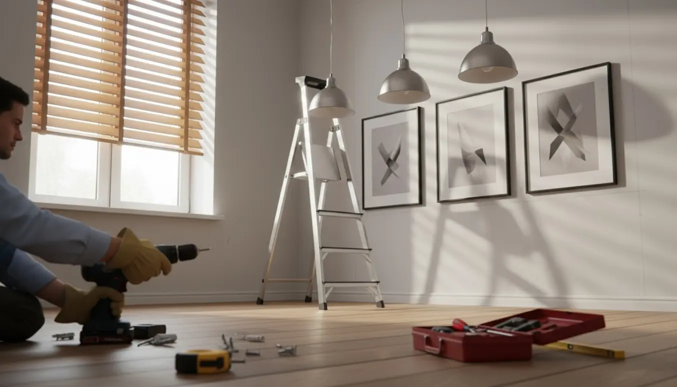Hænder monterer tre lamper og hænger tre billeder, mens en persienne delvist er installeret i et lyst vindue.