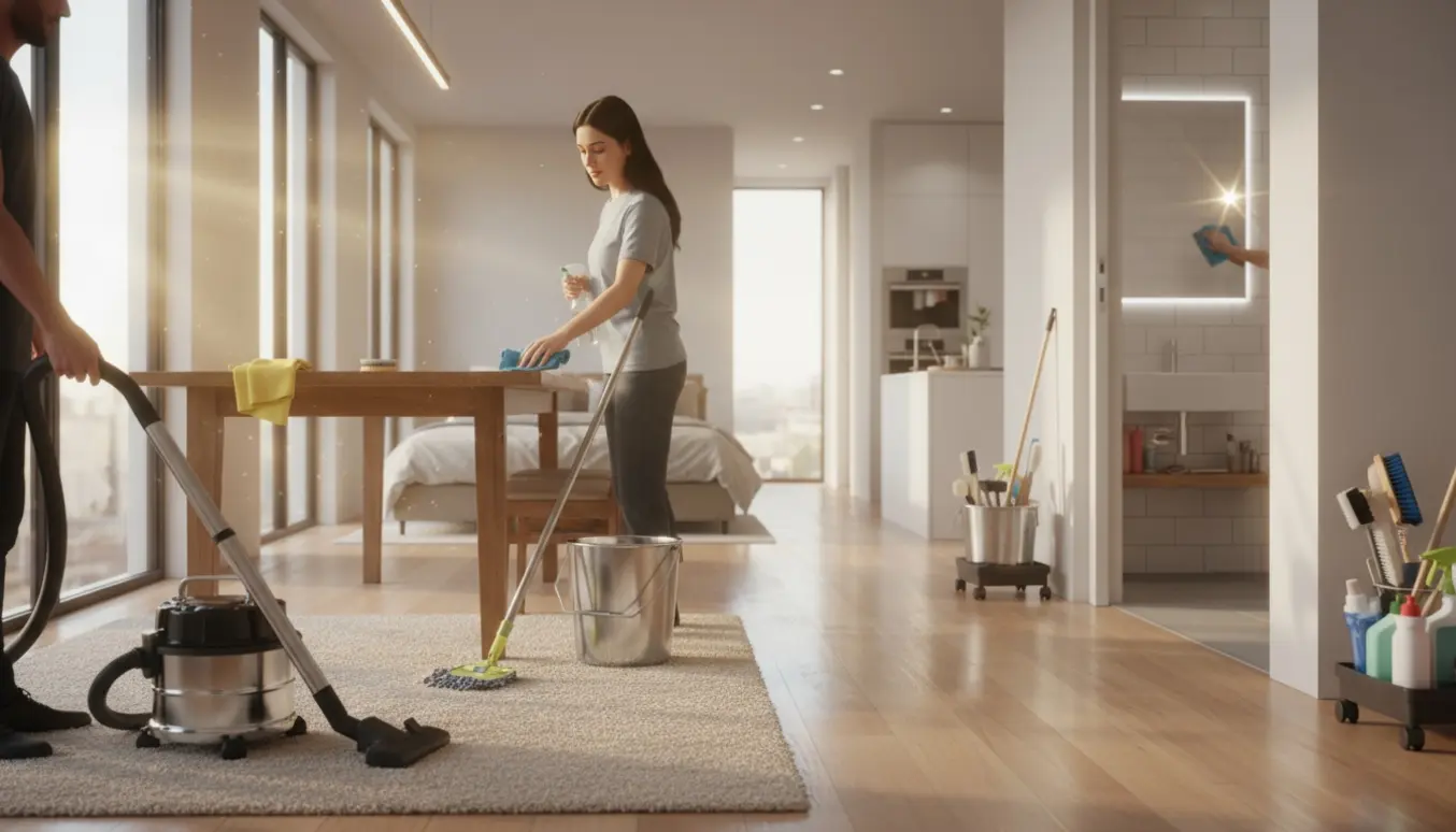 Lyst, moderne hjem under rengøring med støvsuger, moppe og klud, hvor overflader pudses.