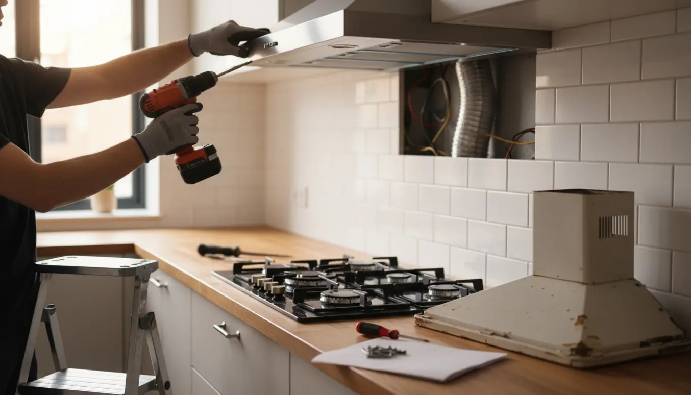 Hænder iført handsker monterer en ny rustfri emhætte over et komfur i et lyst køkken, mens den gamle emhætte ligger på bordet ved siden af værktøj.