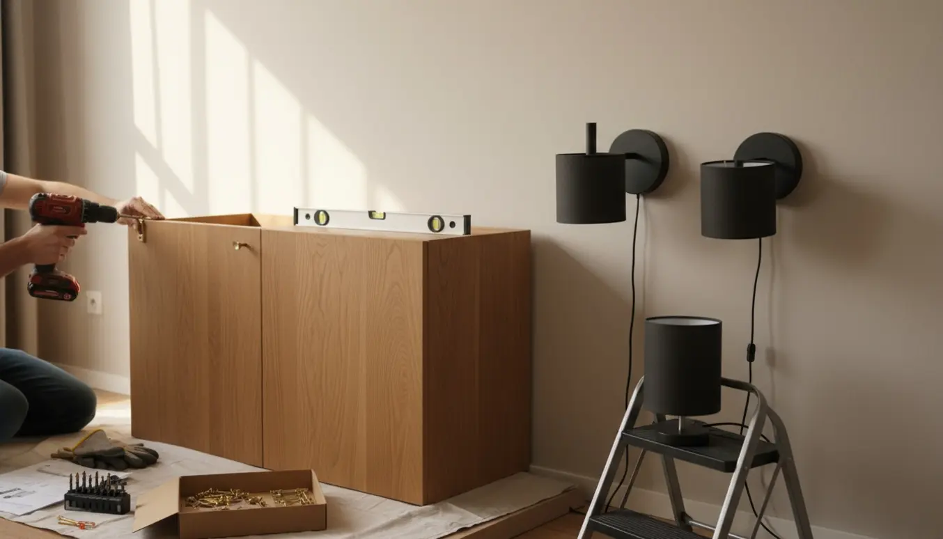 Hænder samler et træskab med to døre, mens to væglamper bliver monteret på væggen.