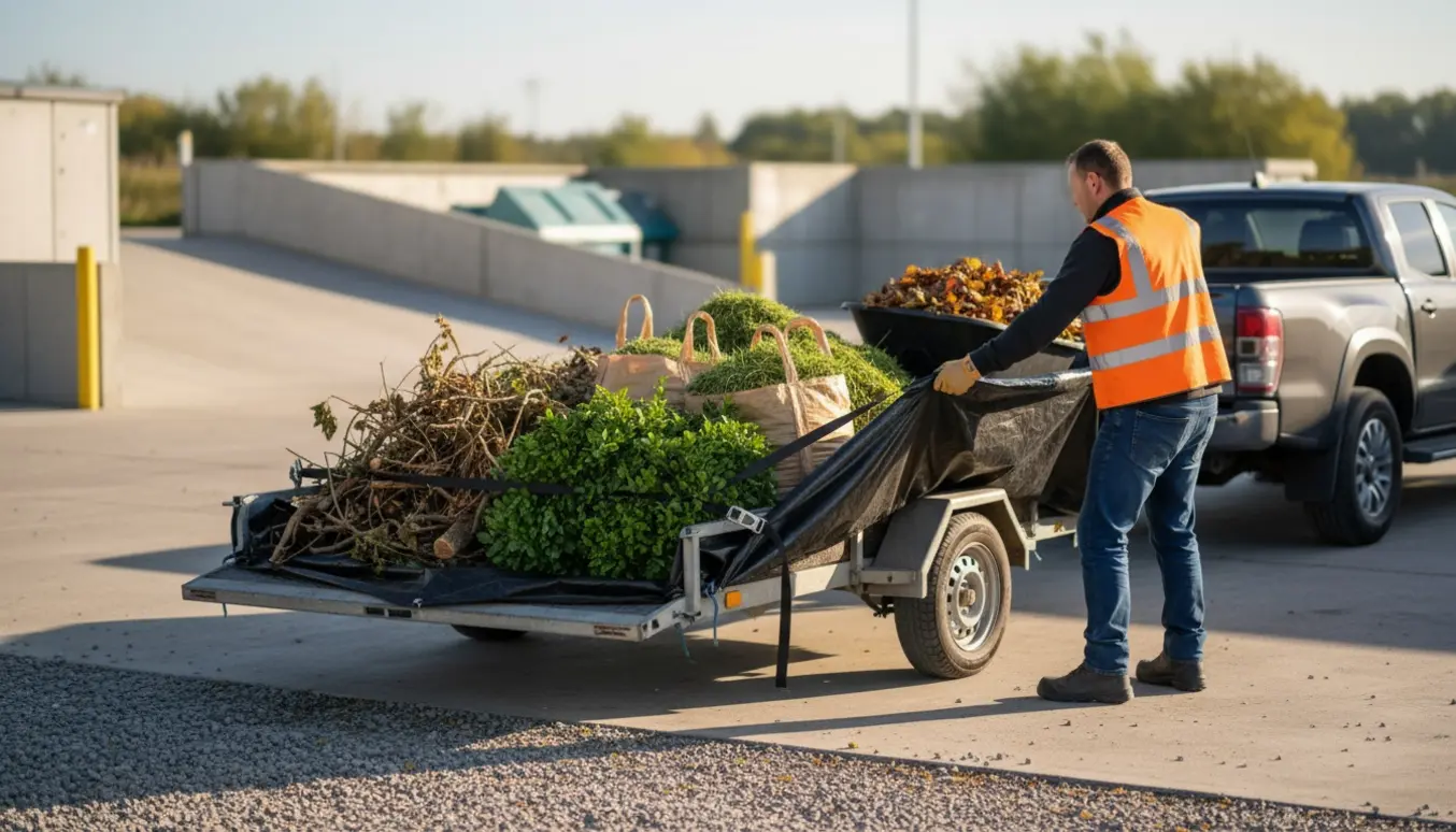 Haveaffald i fire bunker læsset på trailer ved genbrugspladsen, en person spænder en presenning over læsset.