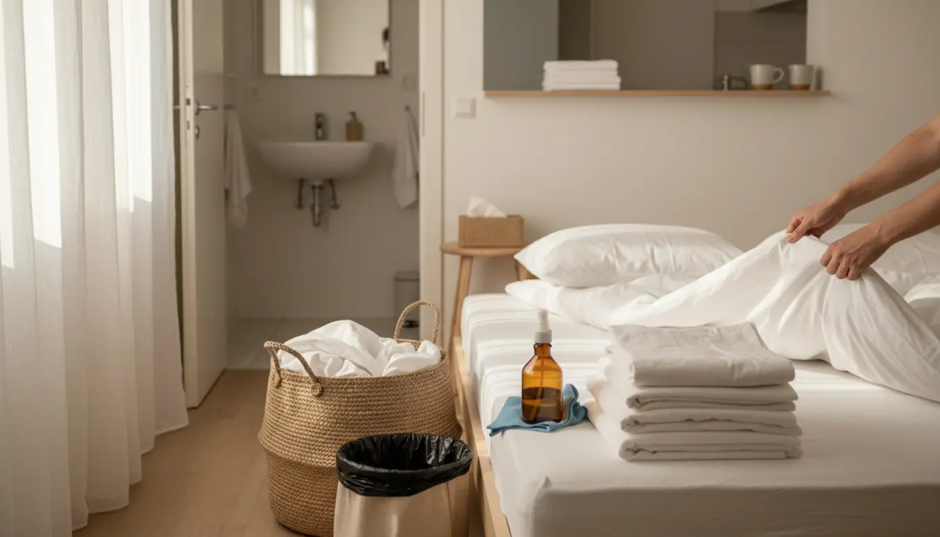 Et lyst korttidsudlejningsværelse med hænder, der lægger nyt hvidt sengetøj frem og en kurv med brugte lagner.