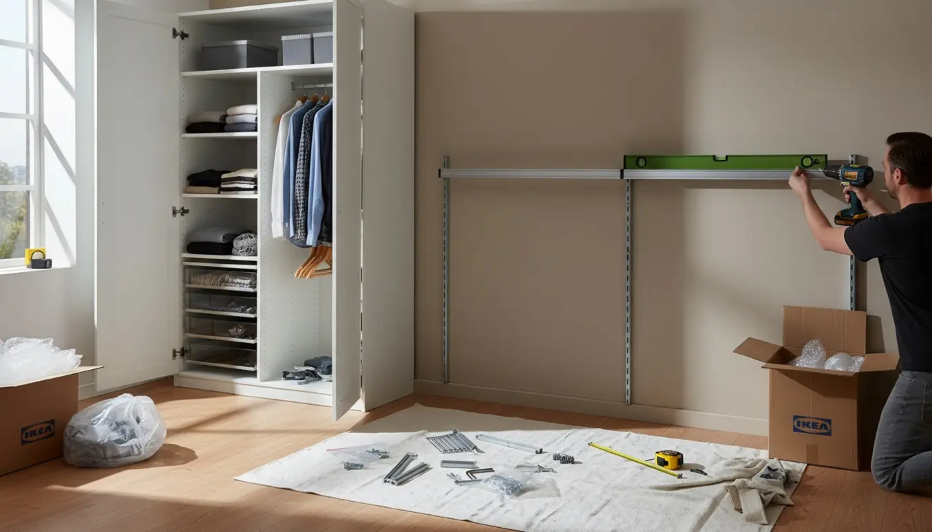 Samling og montering af PAX-garderobe og BOAXEL-vægsystem i et lyst rum med værktøj og emballage samlet.