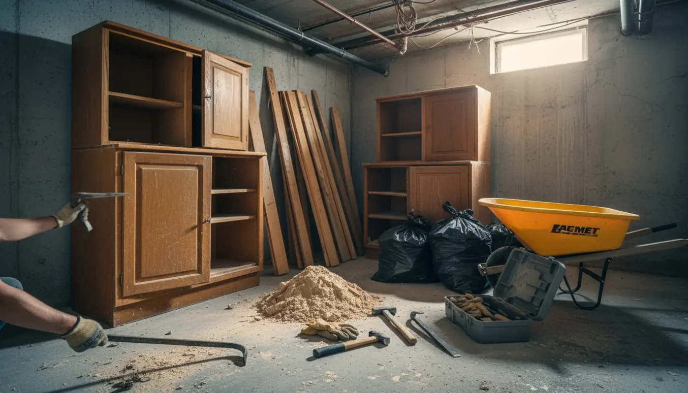 Kælderrum med to delvist demonterede skabe, vægbeklædning, værktøj og fyldte affaldssække klar til bortskaffelse.