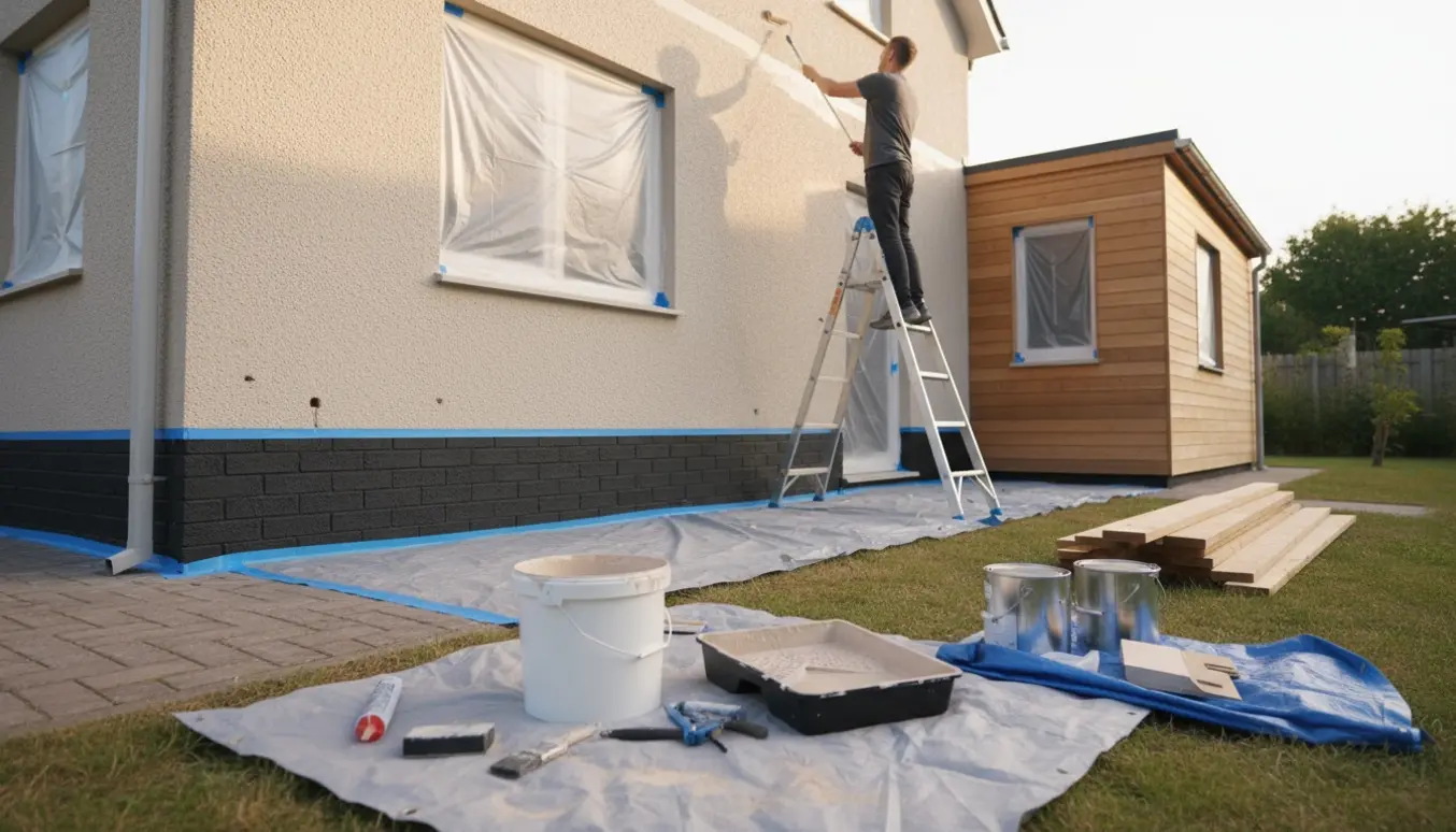 En maler på stige maler et halvandetplans hus udvendigt, soklen er nymalet sort.