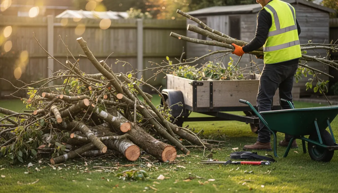 Stor bunke af afklippede grene læsses i en trailer i en baghave.