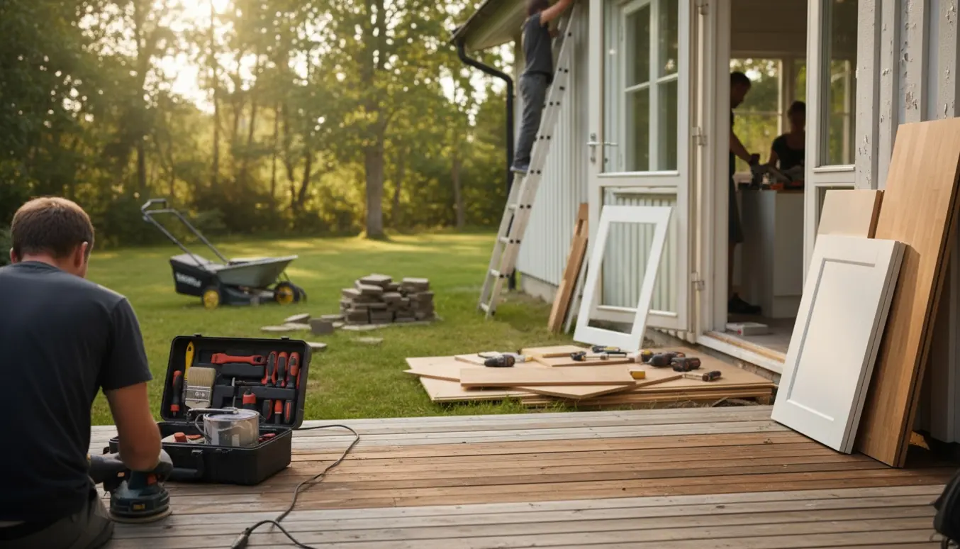 Håndværker set bagfra arbejder på et slidt sommerhus med værktøj, nymalet område og slebet træterrasse.