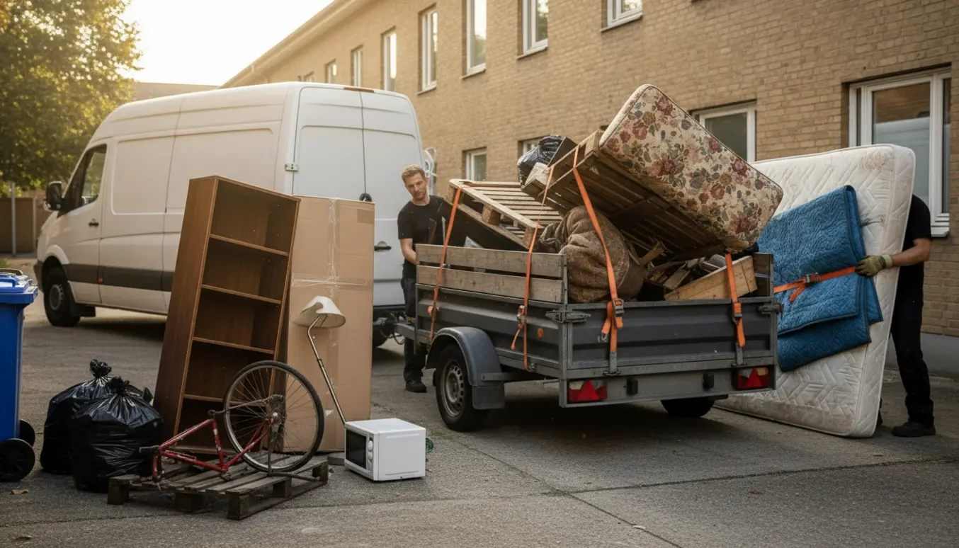Åben trailer fyldt med storskrald i en boliggård, hvor personer læsser møbler og kasser.