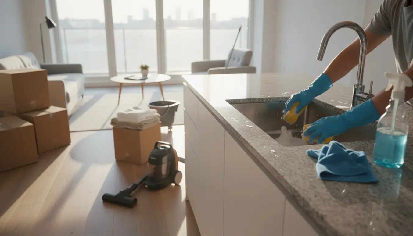 Hænder i handsker rengør en køkkenvask i en næsten tom lejlighed med flyttekasser og rengøringsudstyr i dagslys.