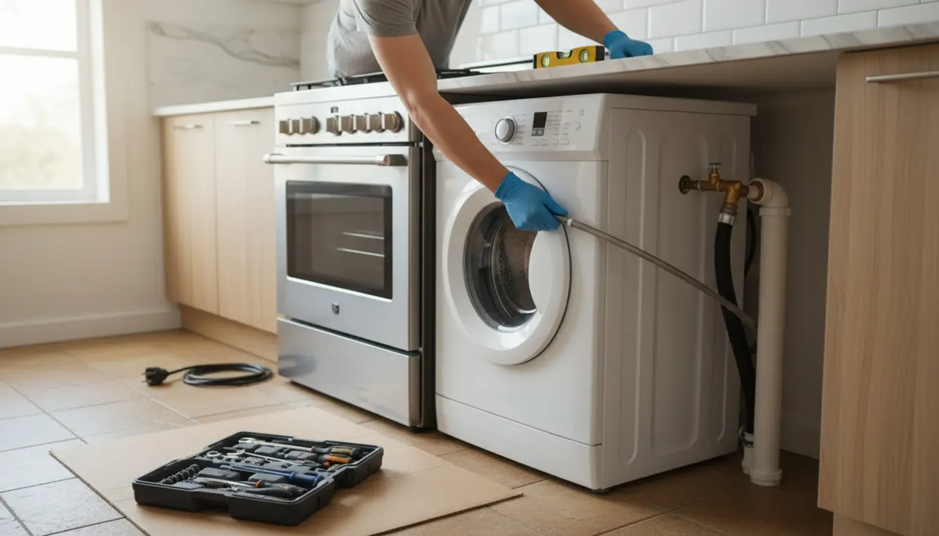 Hænder tilslutter vand- og afløbsslanger på en vaskemaskine ved siden af et nyinstalleret komfur i et lyst køkken.