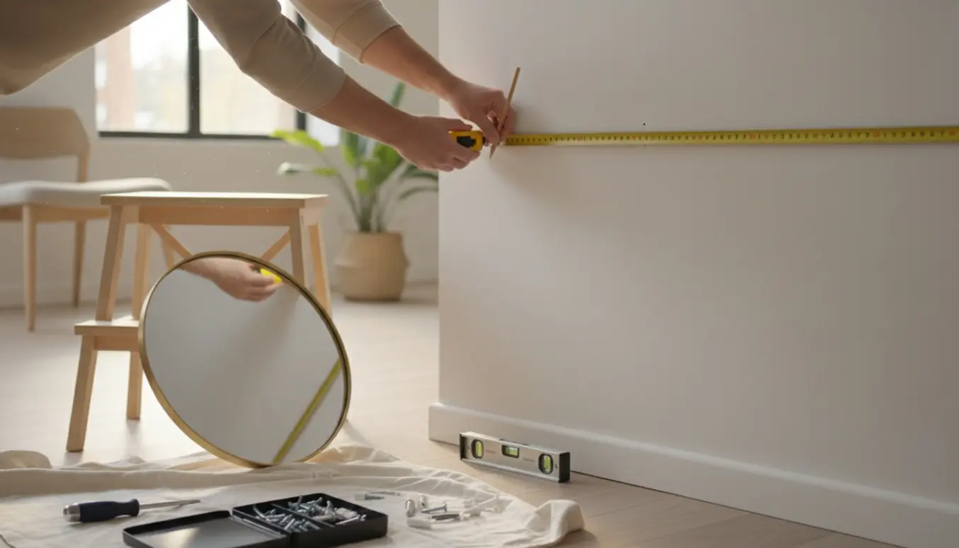 Hænder måler en væg for ophæng af et spejl med skruer og værktøj klart ved siden af.
