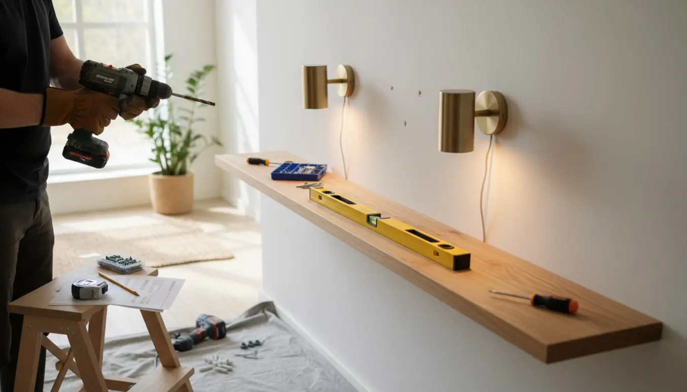En person (ansigt ikke synligt) monterer to væglamper og en træhylde med en slagboremaskine i et lyst rum.