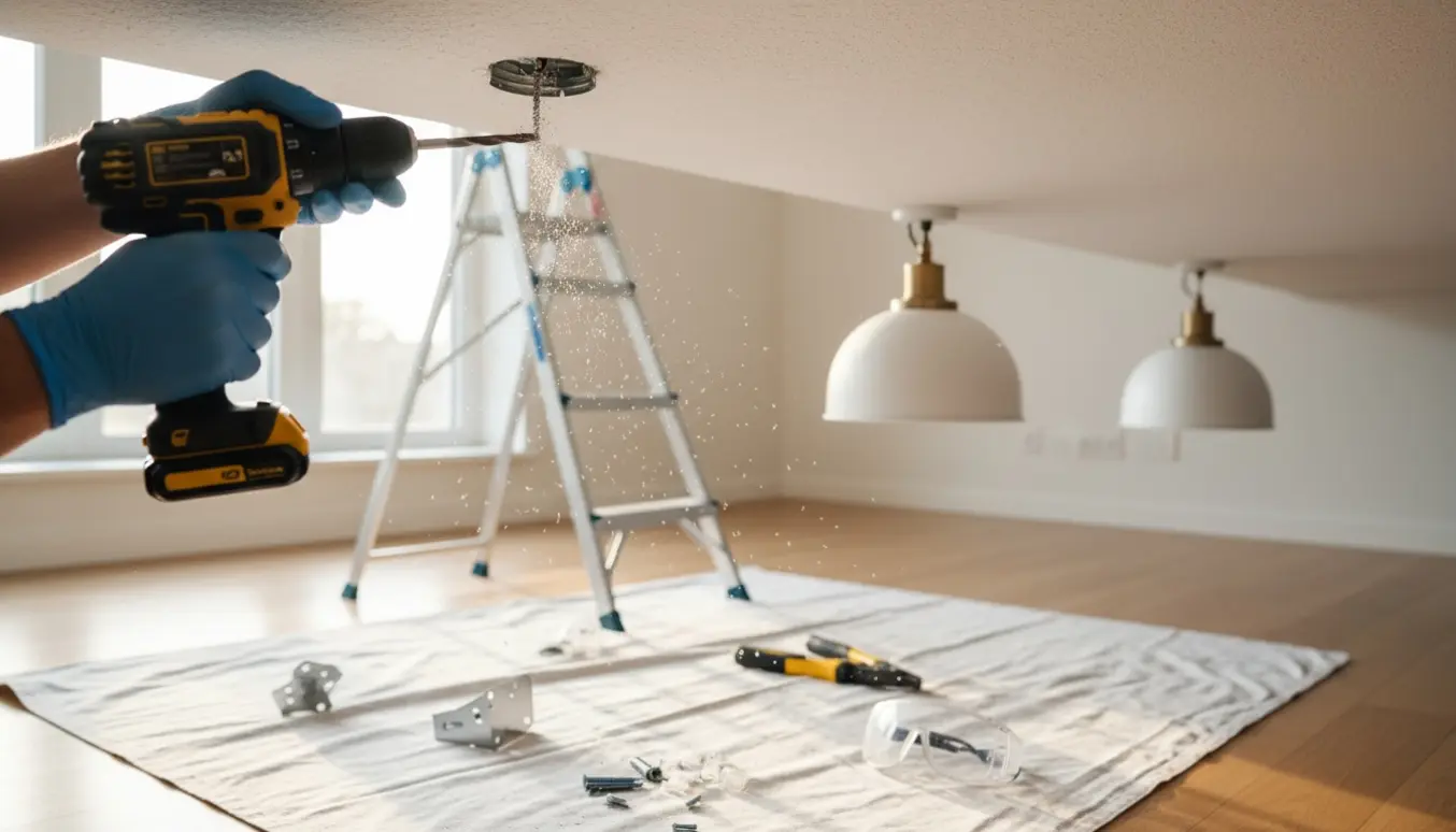 Nærbillede af hænder, der bruger et metalbor til at montere en lampe i loftet, mens en anden lampe allerede hænger.