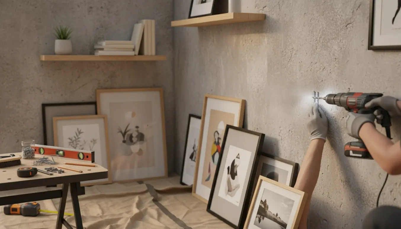 Hænder monterer syv rammer og fire hylder på en betonvæg med boremaskine og vaterpas.