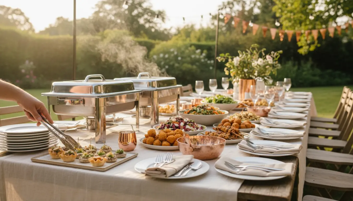 Hænder anretter buffet på et havebord med kobberdetaljer og rækker af tallerkener klar til kobberbryllup.