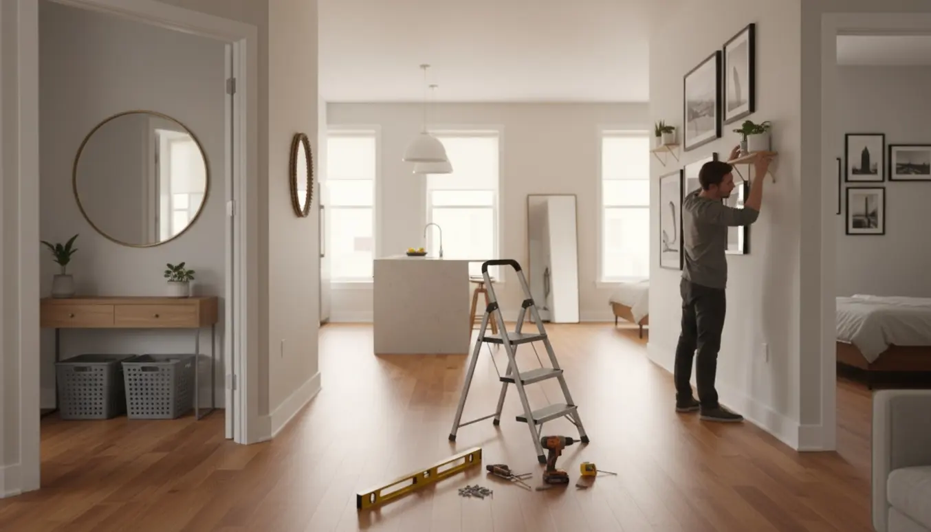 Interiørfoto af lejlighed med hængte billeder, spejle, hylder og ophængte lamper.