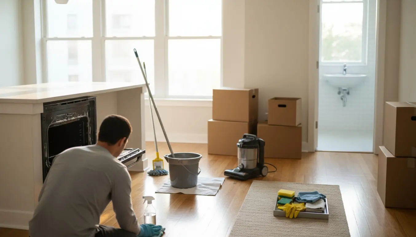 Næsten tom lejlighed badet i dagslys, set bagfra en person i handsker der pletvasker lister og rengør ved fraflytning.