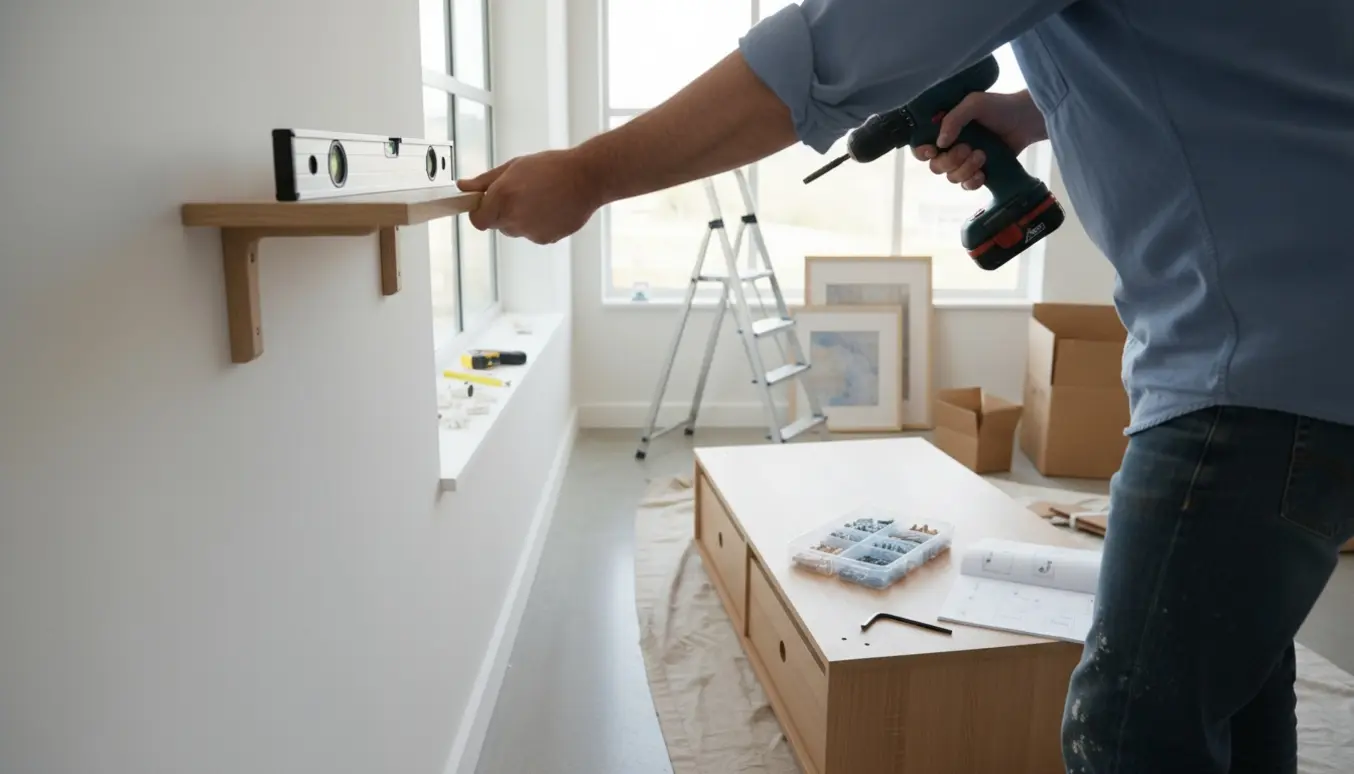 Håndværker samler fladpakket møbel og opsætter en væghylde i et lyst, ryddeligt hjem.