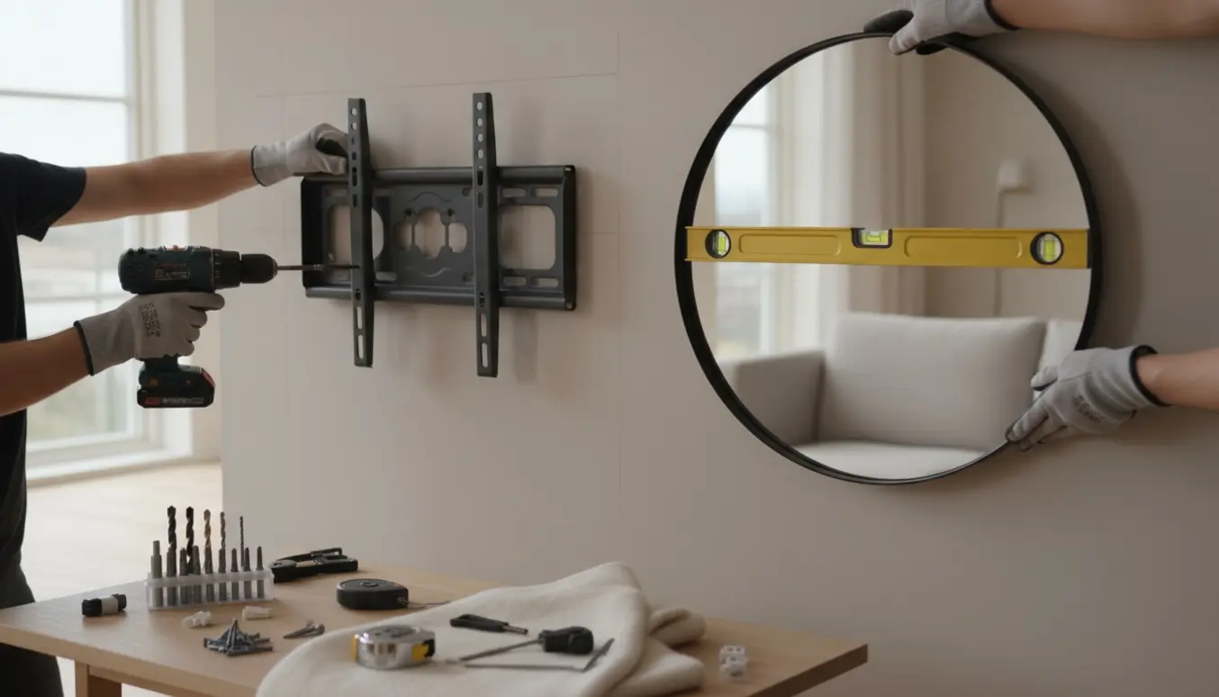 Hænder monterer et tv‑beslag og holder et spejl op mod en væg i en lys, moderne stue.