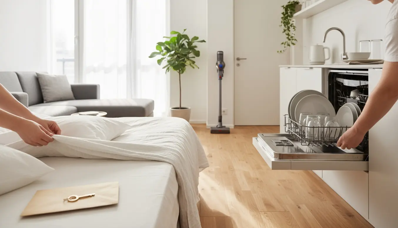 Soloplyst minimalistisk lejlighed med frisk lagner, åben opvaskemaskine, støvsuger og nøgler på en bakke.