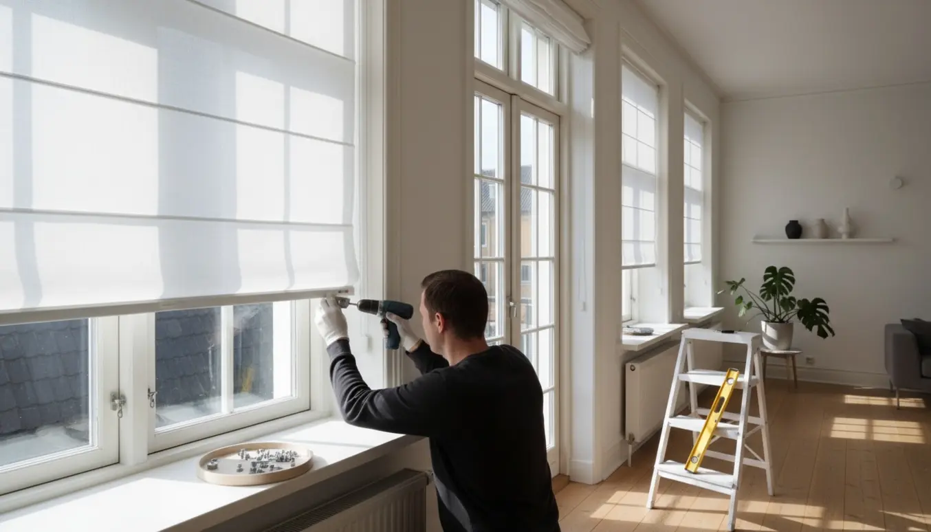 Montør monterer rullegardiner i en lys Frederiksberg-lejlighed med værktøj og trappestige, ansigt ikke synligt.