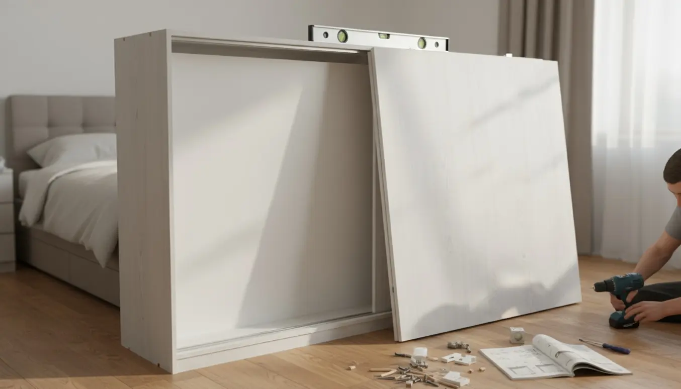 Delvist samlet Sattrup klædeskab med skydelåger, skæv bagbeklædning og værktøj på trægulvet i dagslys.