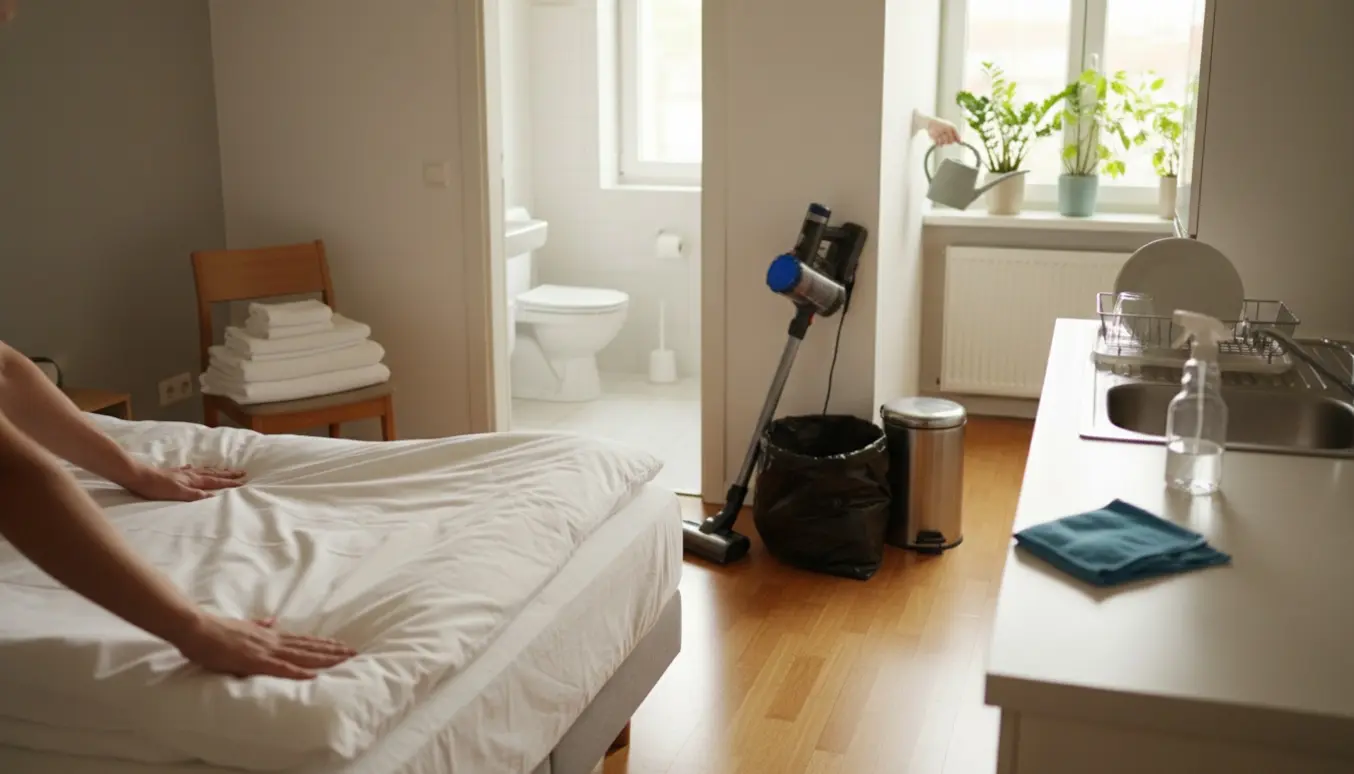 Rengøringsperson uden synligt ansigt skifter sengetøj og arrangerer rene håndklæder i en solfyldt lejlighed efter gæster.