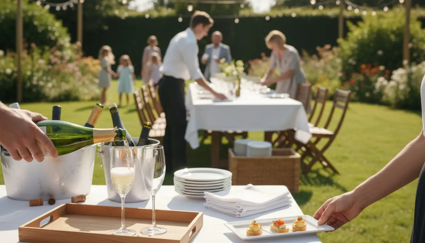 Servere hælder champagne og rydder op ved et solbeskinnet havebord, gæster og børn sløres i baggrunden.