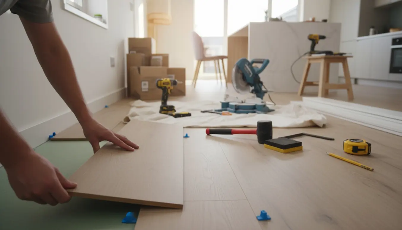 Halvfærdigt laminatgulv i et køkkenalrum med hænder, der klikker en planke på plads, og værktøj og fodlister i baggrunden.