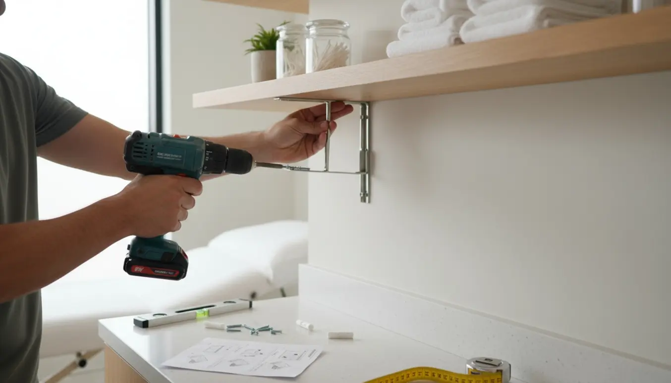 Hænder monterer en flydende hylde i en moderne klinik med værktøj og kliniske genstande i baggrunden.