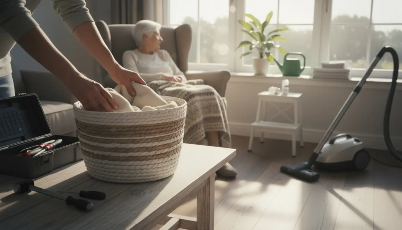 En hjemmehjælper folder et tæppe i en solbeskinnet stue med værktøj og vasketøj, mens en ældre person sidder i baggrunden.