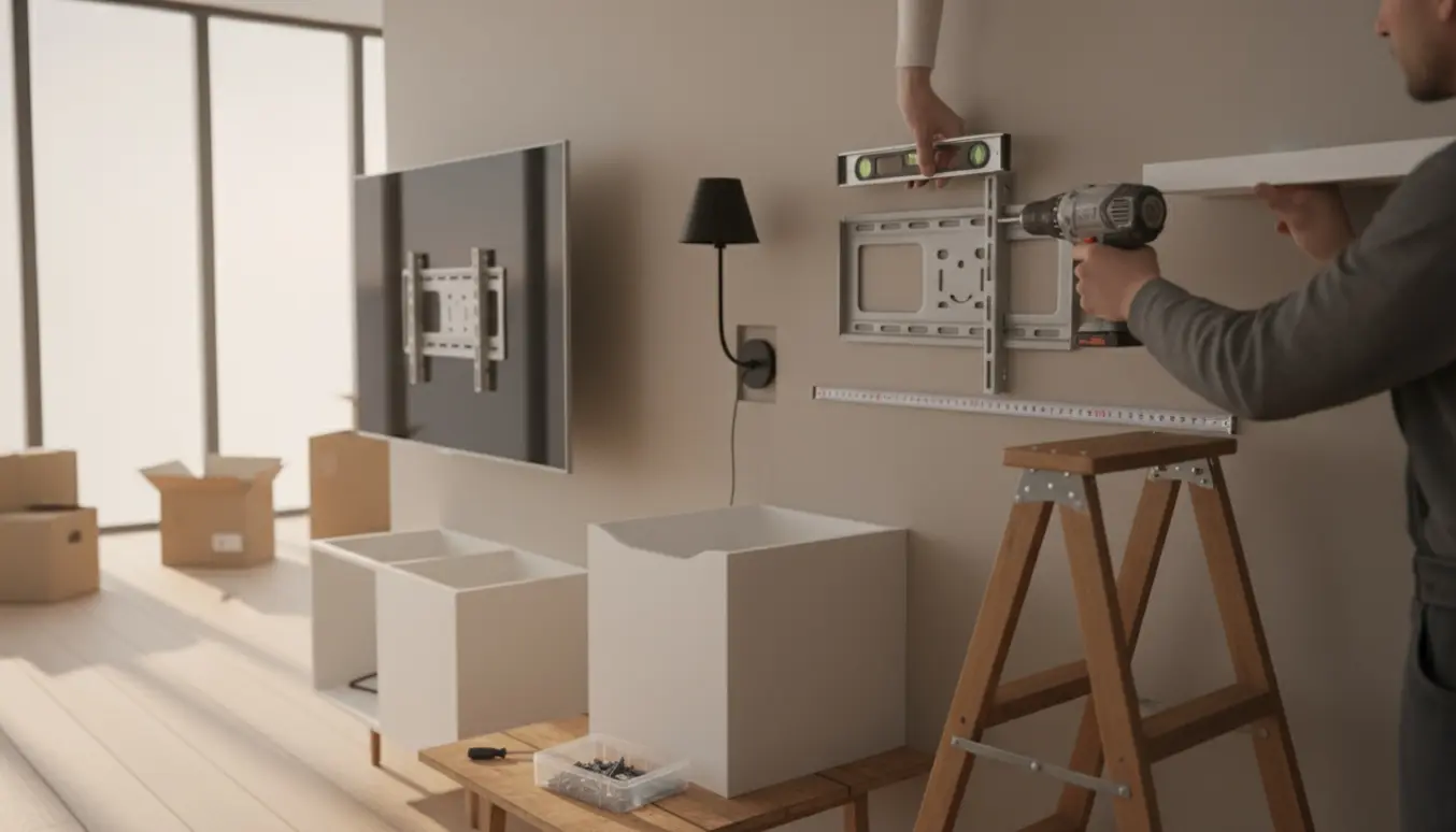Person monterer TV, hylder og skabe i en nyindflyttet lejlighed med værktøj og stige i naturligt lys.