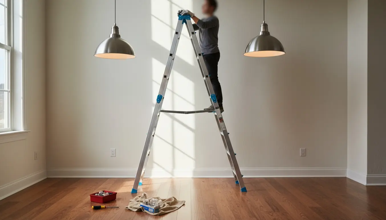 To pendellamper hænger højt i en lysskakt, en forlængerstige står under, og værktøj ligger klar på gulvet.