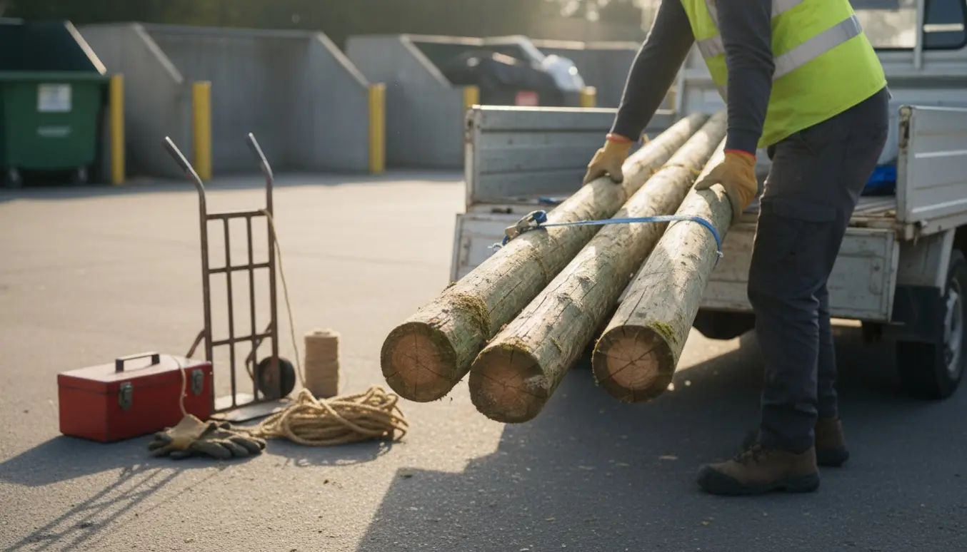 En person læsser fire træstolper i ladet på en varevogn ved en genbrugsstation, ansigtet er ikke synligt.
