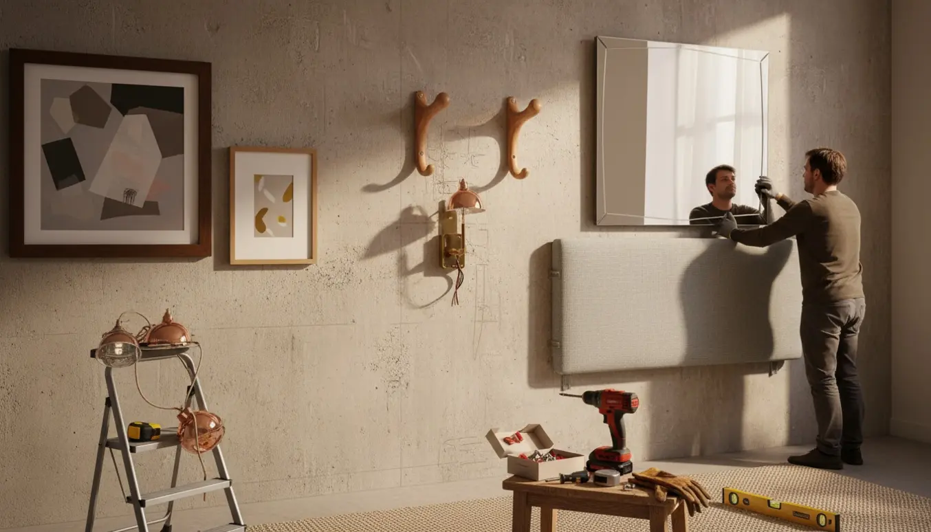 Værktøj og ophængte genstande på en betonvæg — knagerækker, spejl, sengegavl, billeder og lamper.