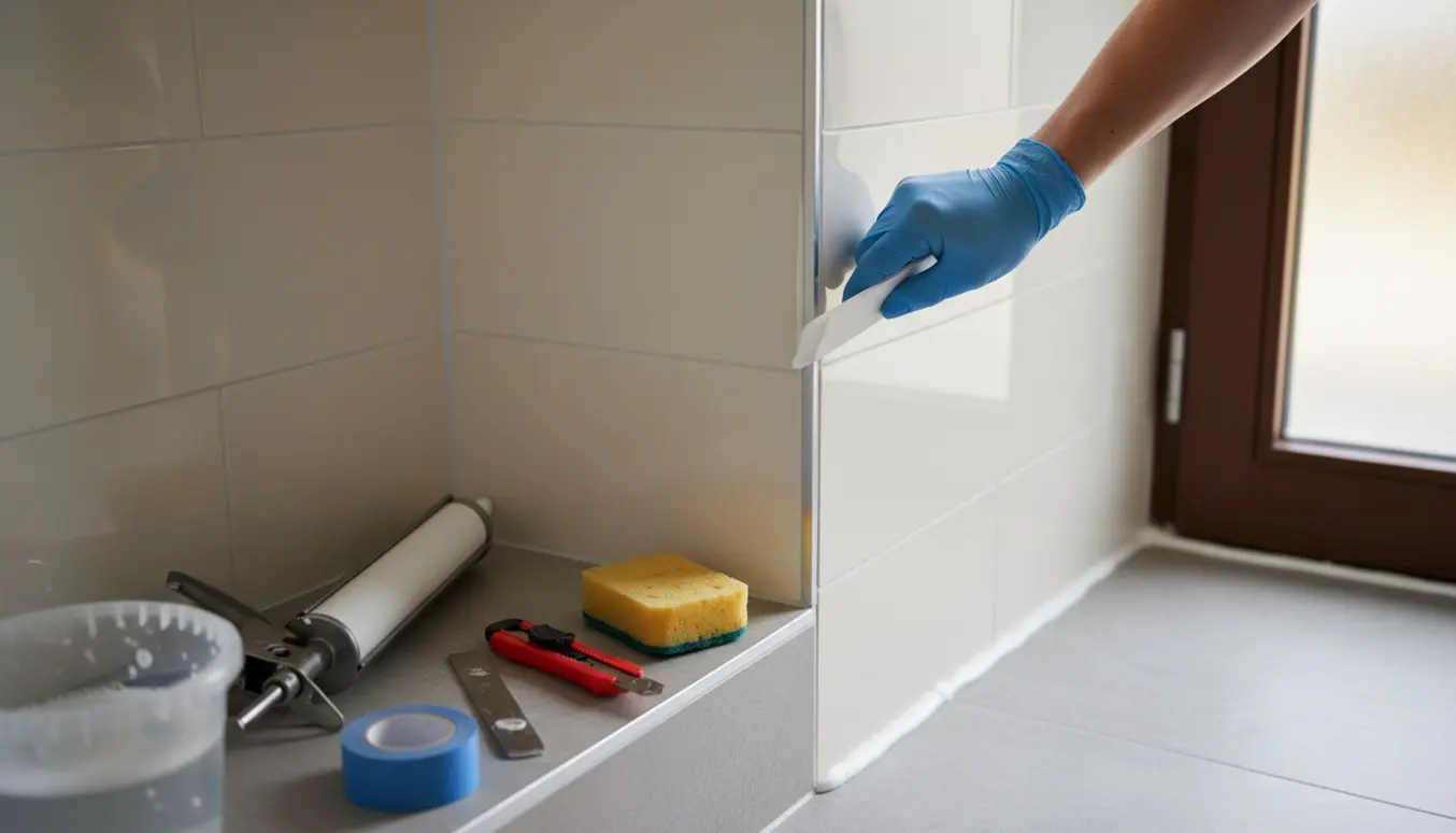 Nærbillede af udskiftning af fuger i bruseniche og ved dørtrin med værktøj og handske, naturligt dagslys.