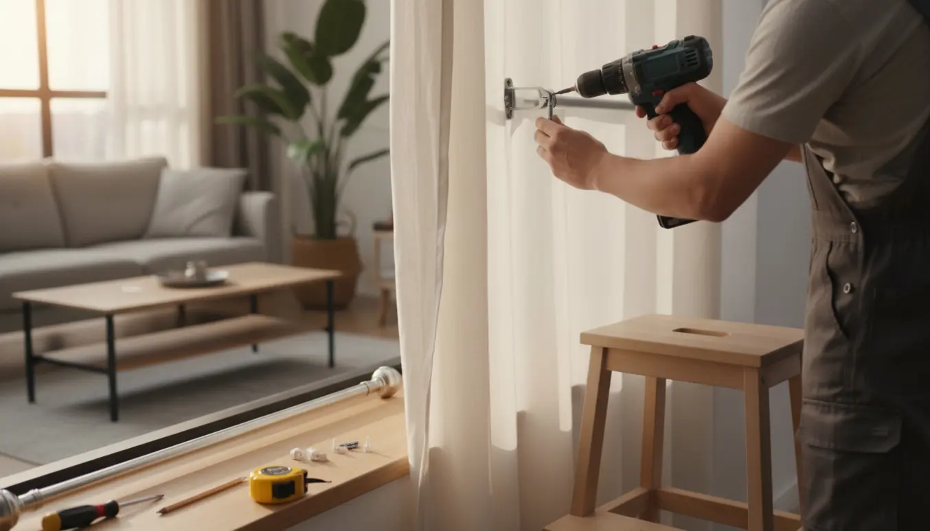 Hænder genmonterer en nedfalden gardinstang ved et solbelyst vindue med værktøj på vindueskarmen.