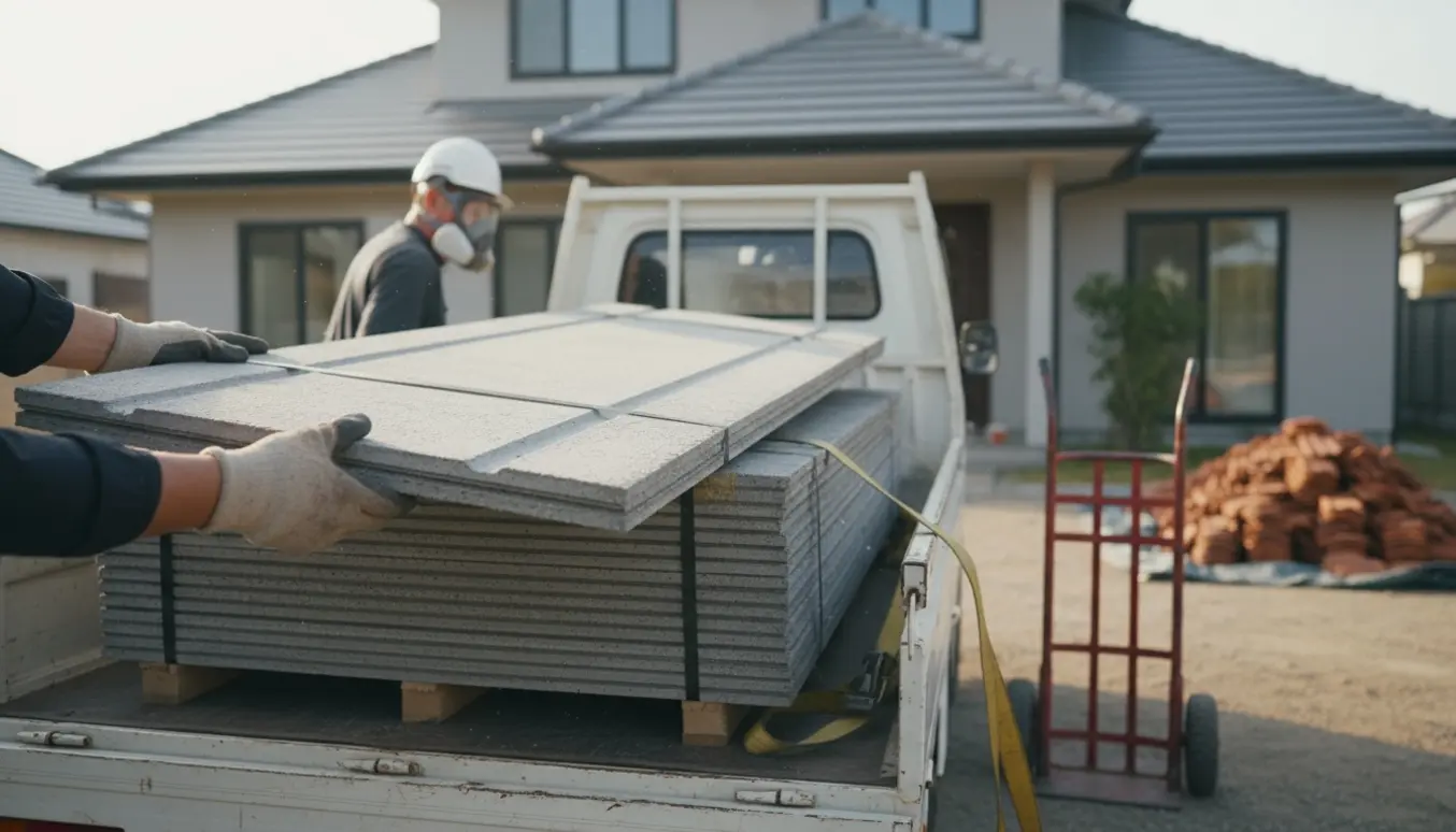 Stor stak asbestfri eternitplader læsses på en lille lastbil ved et nylagt tag.