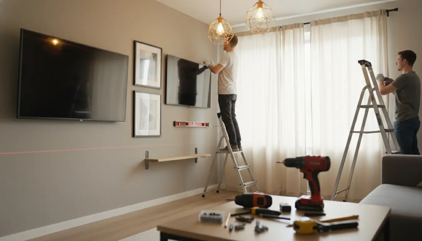 Hænder og værktøj monterer tv, loftslamper, billeder, gardiner og en hylde i en lys stue.