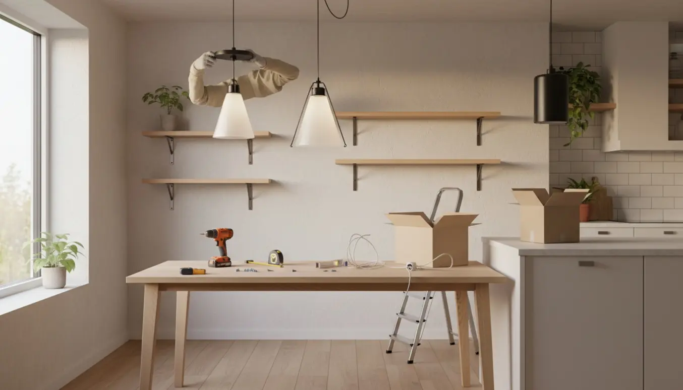 Hænger pendellamper over spisebord og køkkenø med værktøj og hylder i et lyst, moderne køkken.