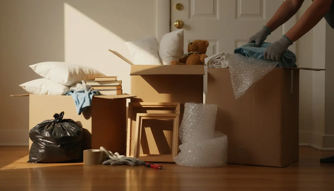 Seks store papkasser fyldt med lette ejendele og en sort affaldssæk samlet i en lys entré, klar til at blive smidt ud.