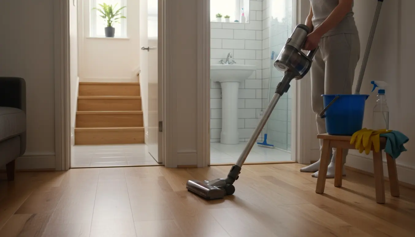 Rækkehusinteriør hvor gulvet støvsuges og badeværelset skinner, uden synlige ansigter.