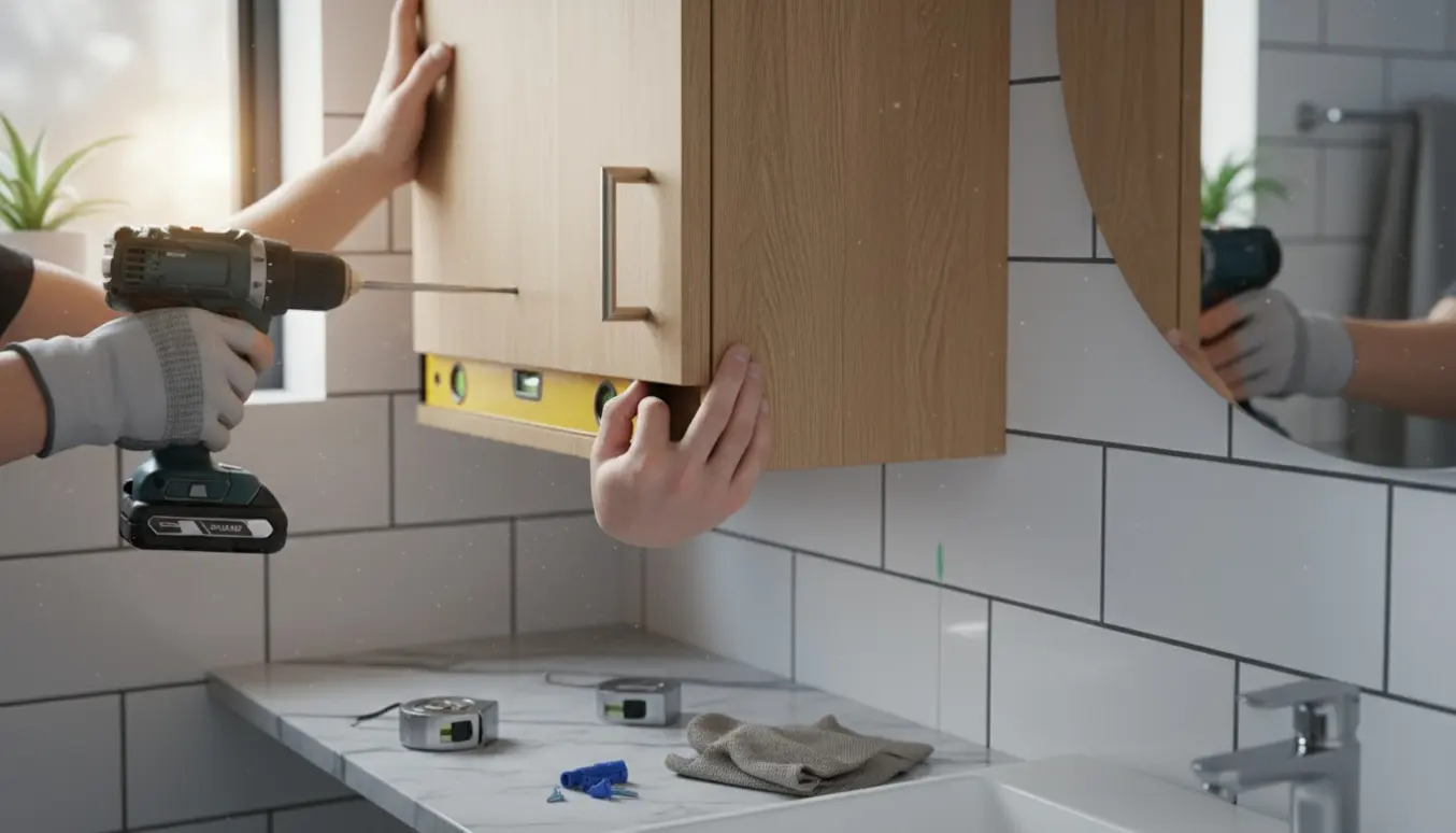 Hænder monterer et toiletskab og sætter et nyt dørhåndtag på i et lyst badeværelse.